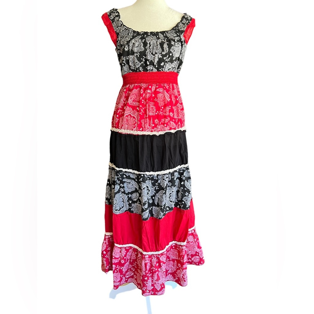 SAM & MAX Tiered Maxi Dress Size S Sample Red Black Smocked Waist Paisley Boho